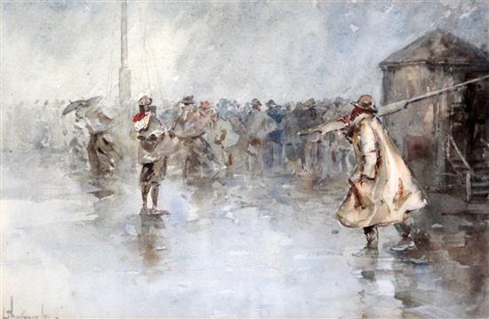 Lance Thackeray (1869-1916), watercolour, Fishermen on the wharf, signed and dated 98, 23 x 35cm.